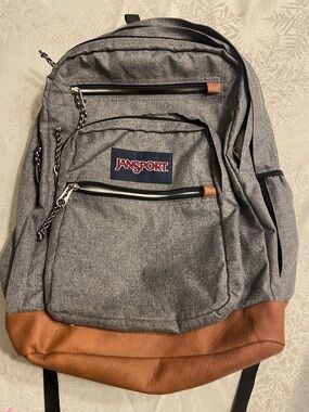 Jansport Gray Backpack with Brown Base and Navy Logo